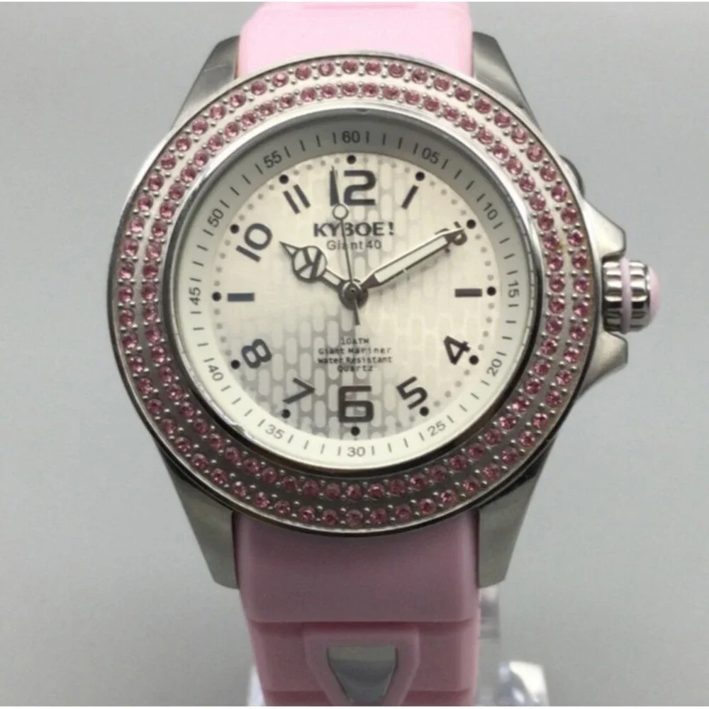 Kyboe! Giant 40 Watch Women 40mm Silver Tone Pink Crystals New Battery
